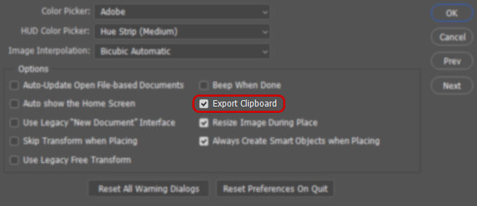 تنظیمات فتوشاپ بخش Export Clipboard